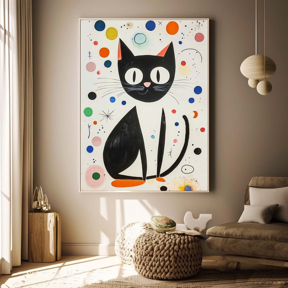 Mid-Century Modern Cat Painting Playful Polka Dot
