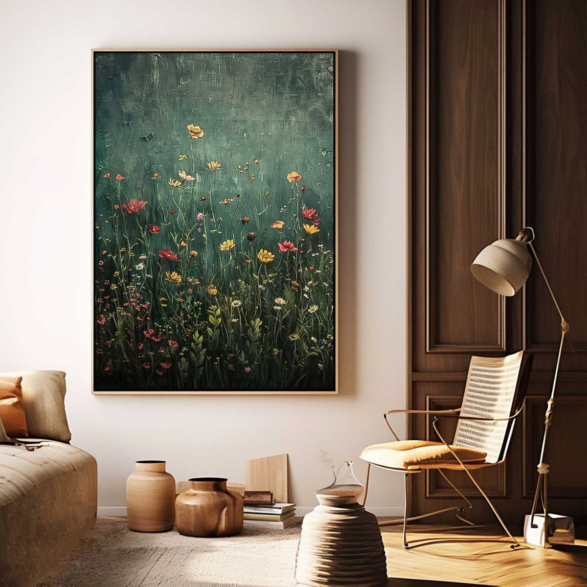 Vintage Wildflower Meadow Textured Oil Painting